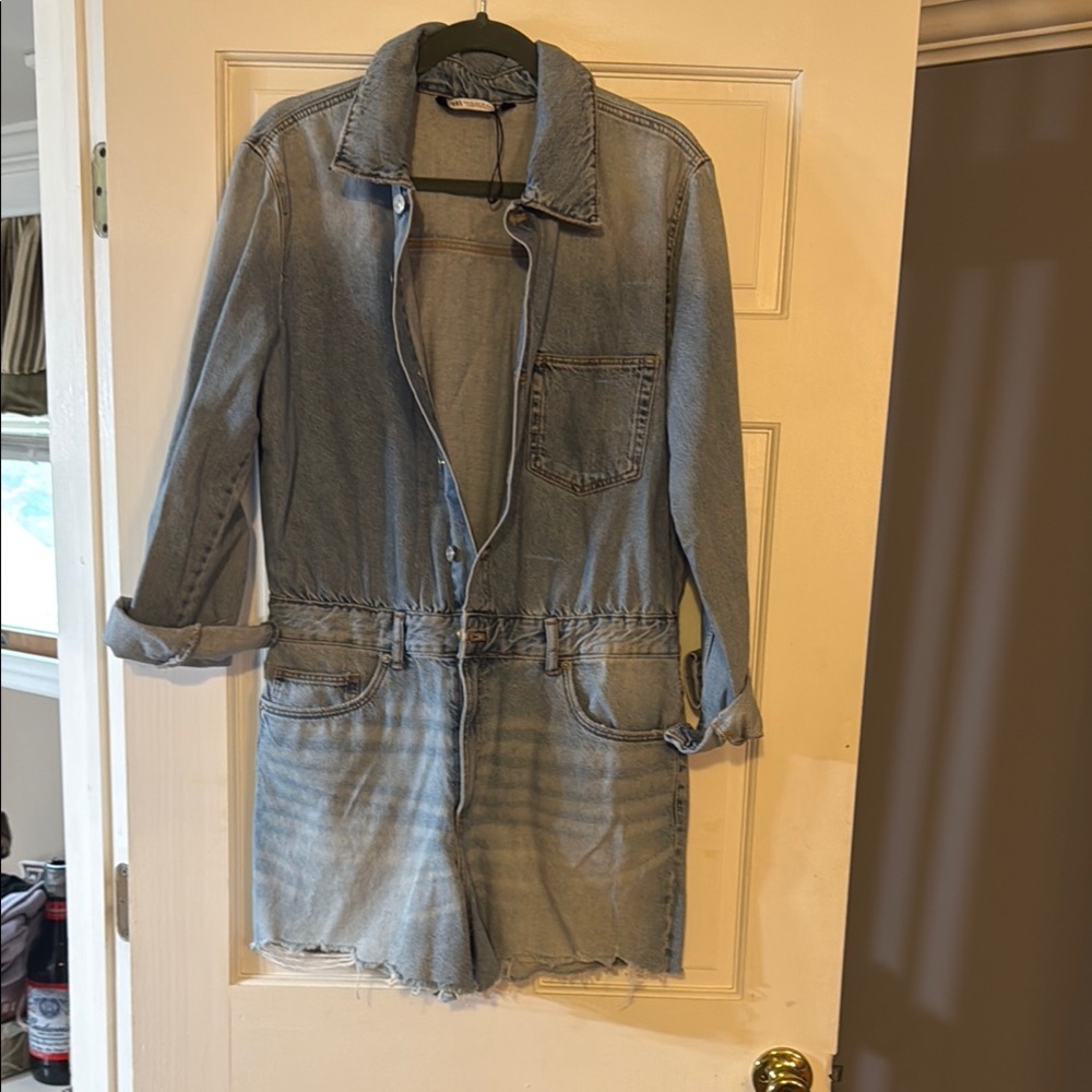 Zara Blue Jean Jacket with Relaxed Fit Jean romper nwot never worn